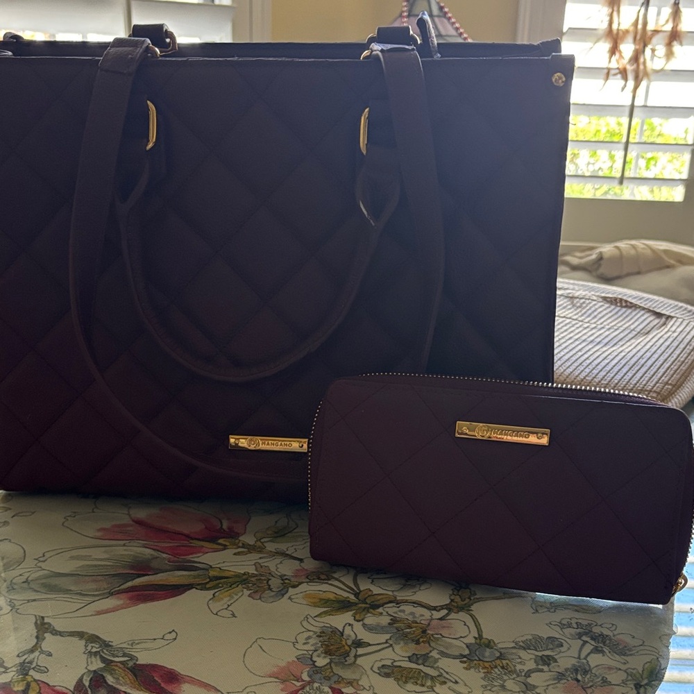 Joy Mangano Eggplant Quilted Tote and Wallet Set